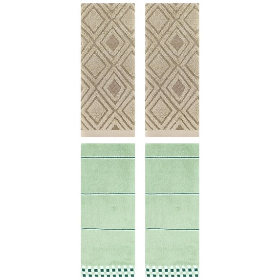 Unique Bargains 4 Pcs Geometric Soft Hand Towels Light Green/Brown 14" x 30"/13" x 29"