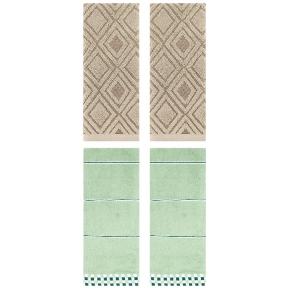 Unique Bargains 4 Pcs Geometric Soft Hand Towels Light Green/Brown 14" x 30"/13" x 29"