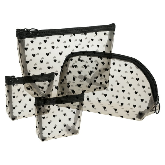 Unique Bargains 4 Pcs Heart Shape Print Mesh Makeup Bag Mesh Bags with Zipper Make Up Bags for Women Beige