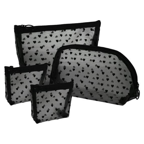 Unique Bargains 4 Pcs Heart Shape Print Mesh Makeup Bag Mesh Bags with Zipper Make Up Bags for Women Black