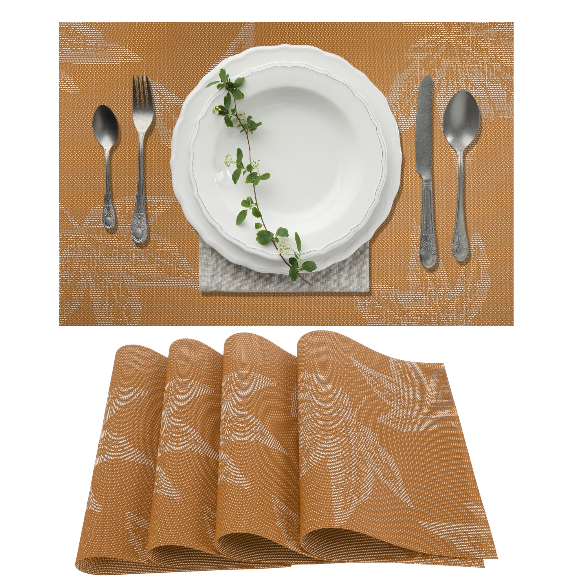 Unique Bargains 4 Pcs Leaf Pattern Polyester Heat Resistant Washable Placemats Orange