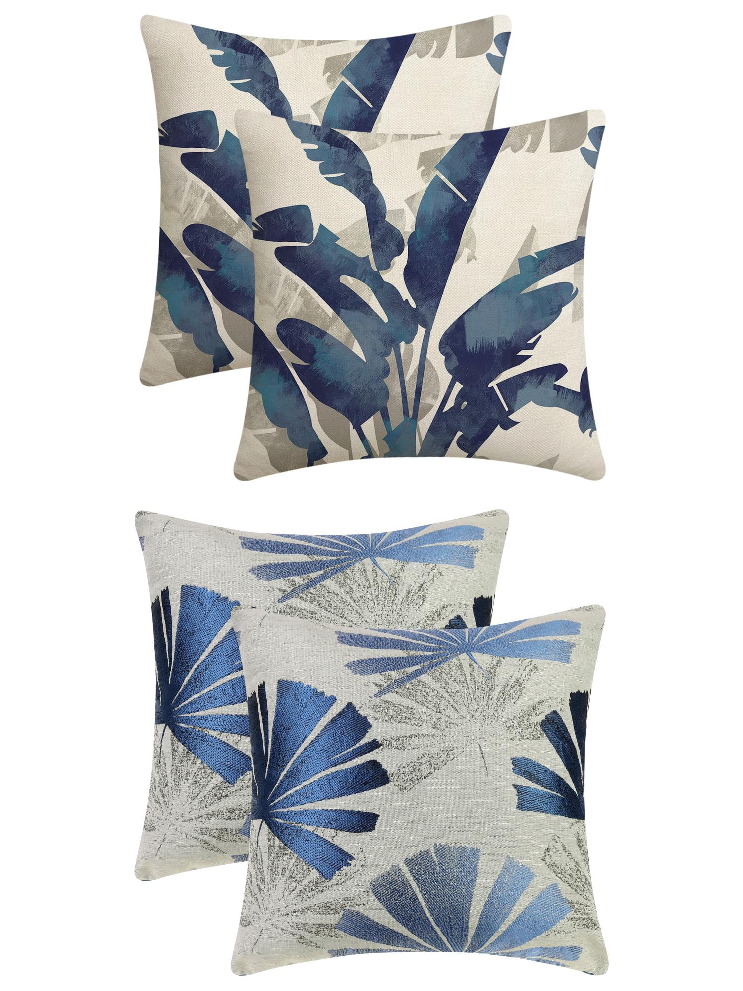 Unique Bargains 4 Pcs Leaf Throw Pillow Covers Plants Cushion Pillow Blue/Leaf-2