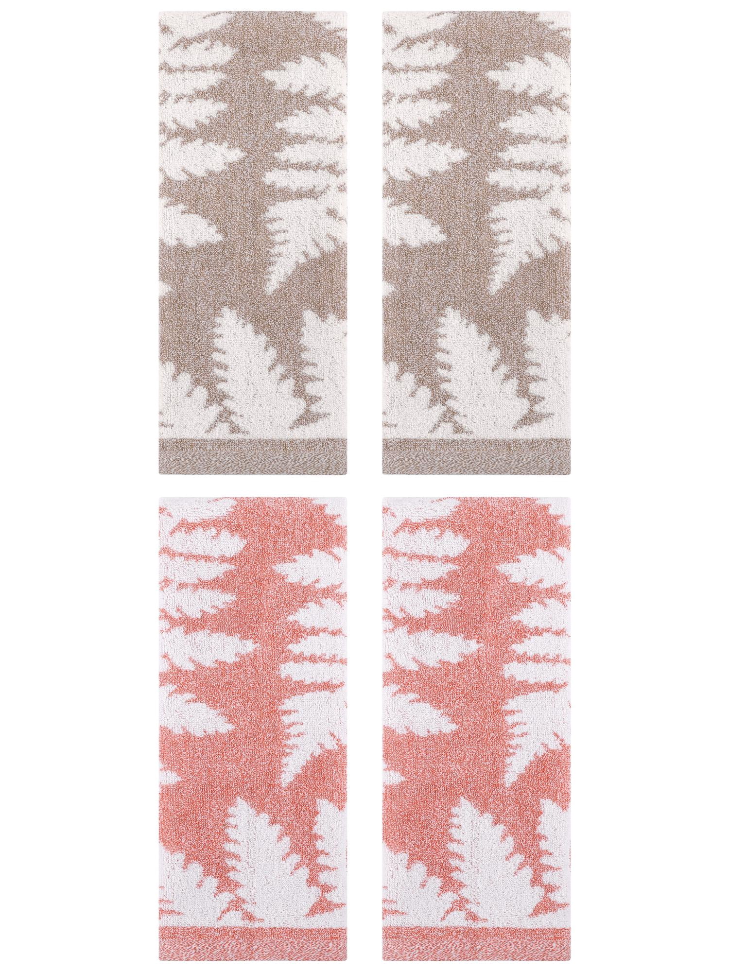 Unique Bargains 4 Pcs Leaves Pattern Hand Towels 13 x 29 Inch Brown/Pink