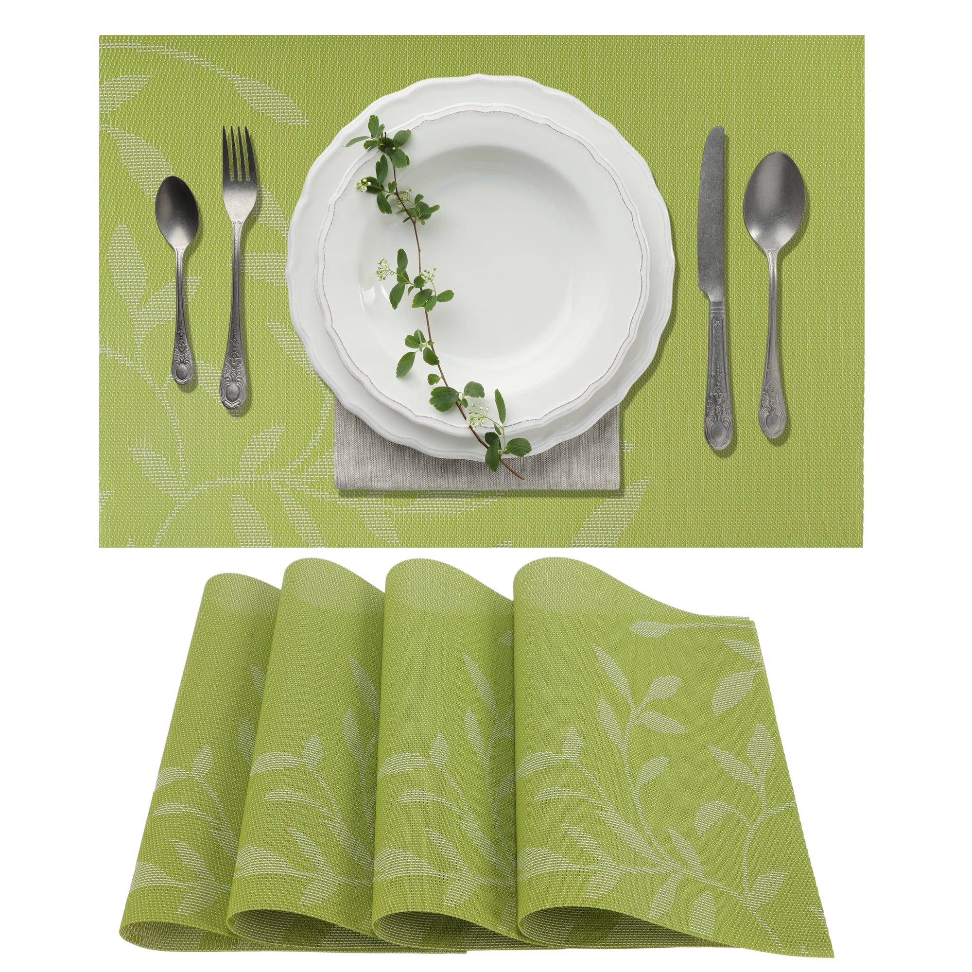 Unique Bargains 4 Pcs Leaves Pattern Heat Resistant Washable Placemats  Green