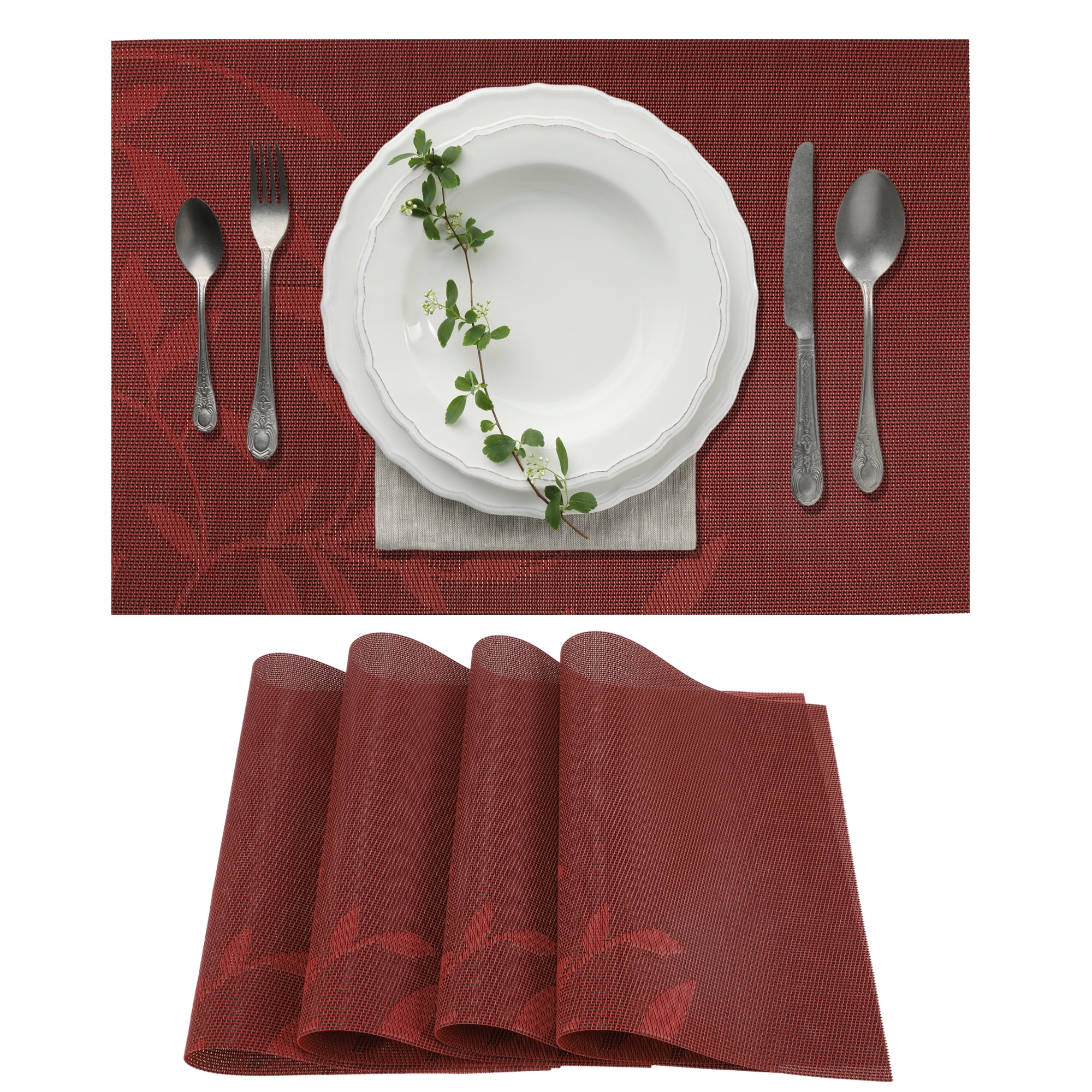 Unique Bargains 4 Pcs Leaves Pattern Heat Resistant Washable Placemats Red
