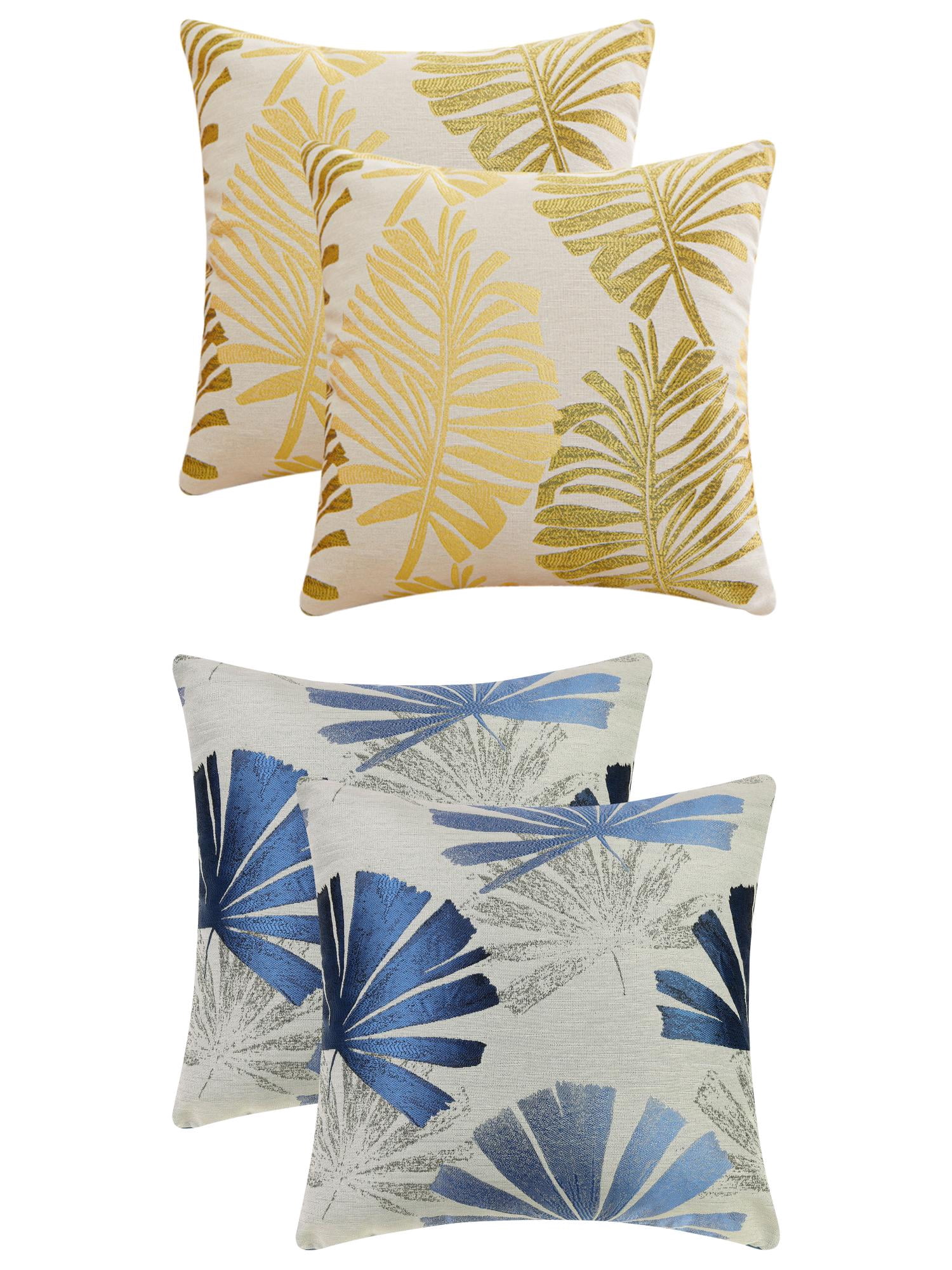 Unique Bargains 4 Pcs Leaves Pattern Throw Pillow Covers 18" x 18" Blue/Yellow