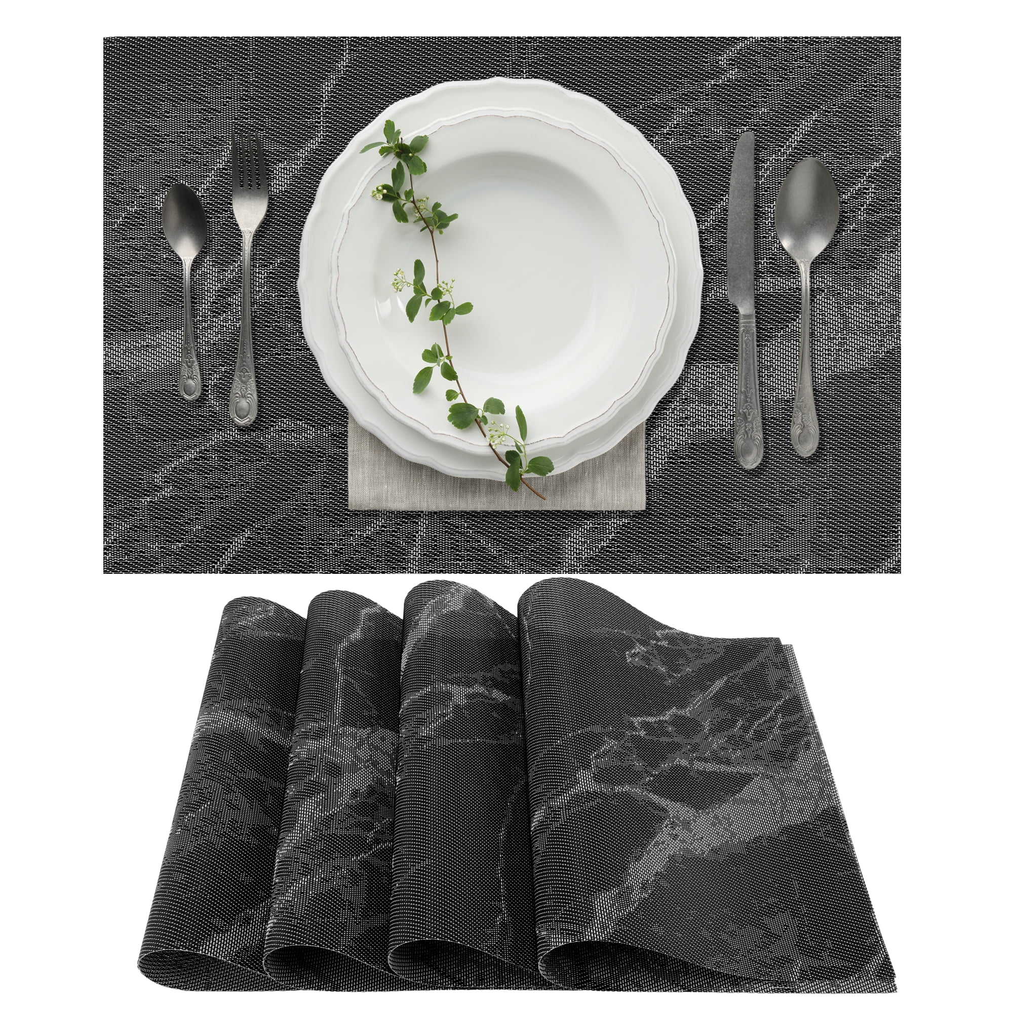 Unique Bargains 4 Pcs Marble Pattern Polyester Heat Resistant Washable Placemats  Black