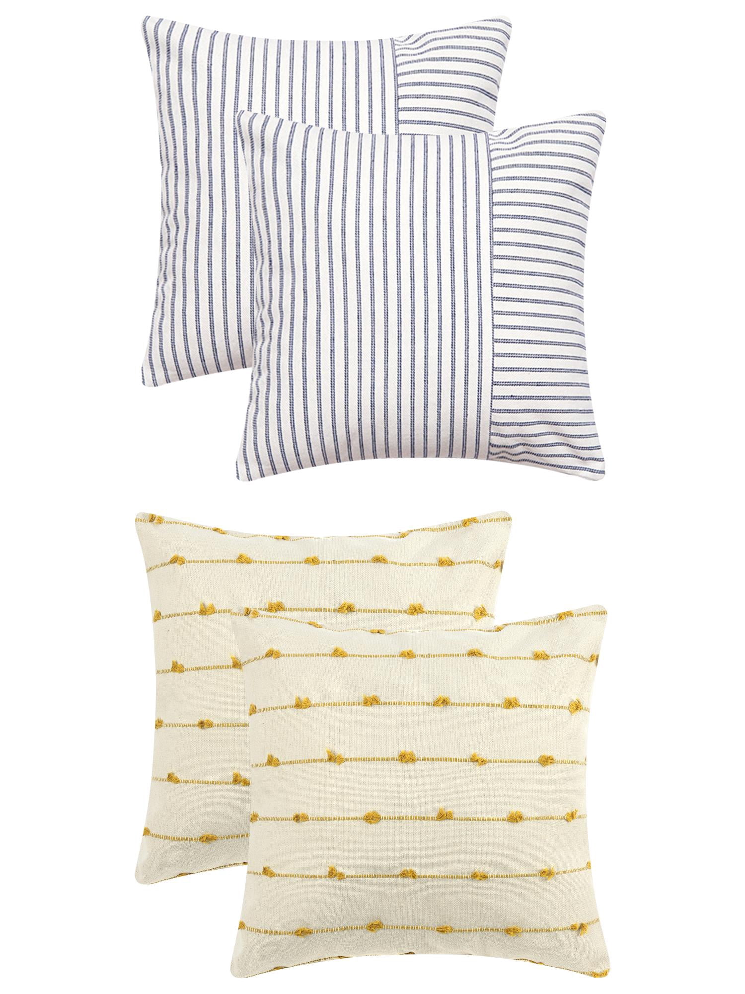 Unique Bargains 4 Pcs Modern Farmhouse Striped Throw Pillow Covers Yellow/Navy Blue