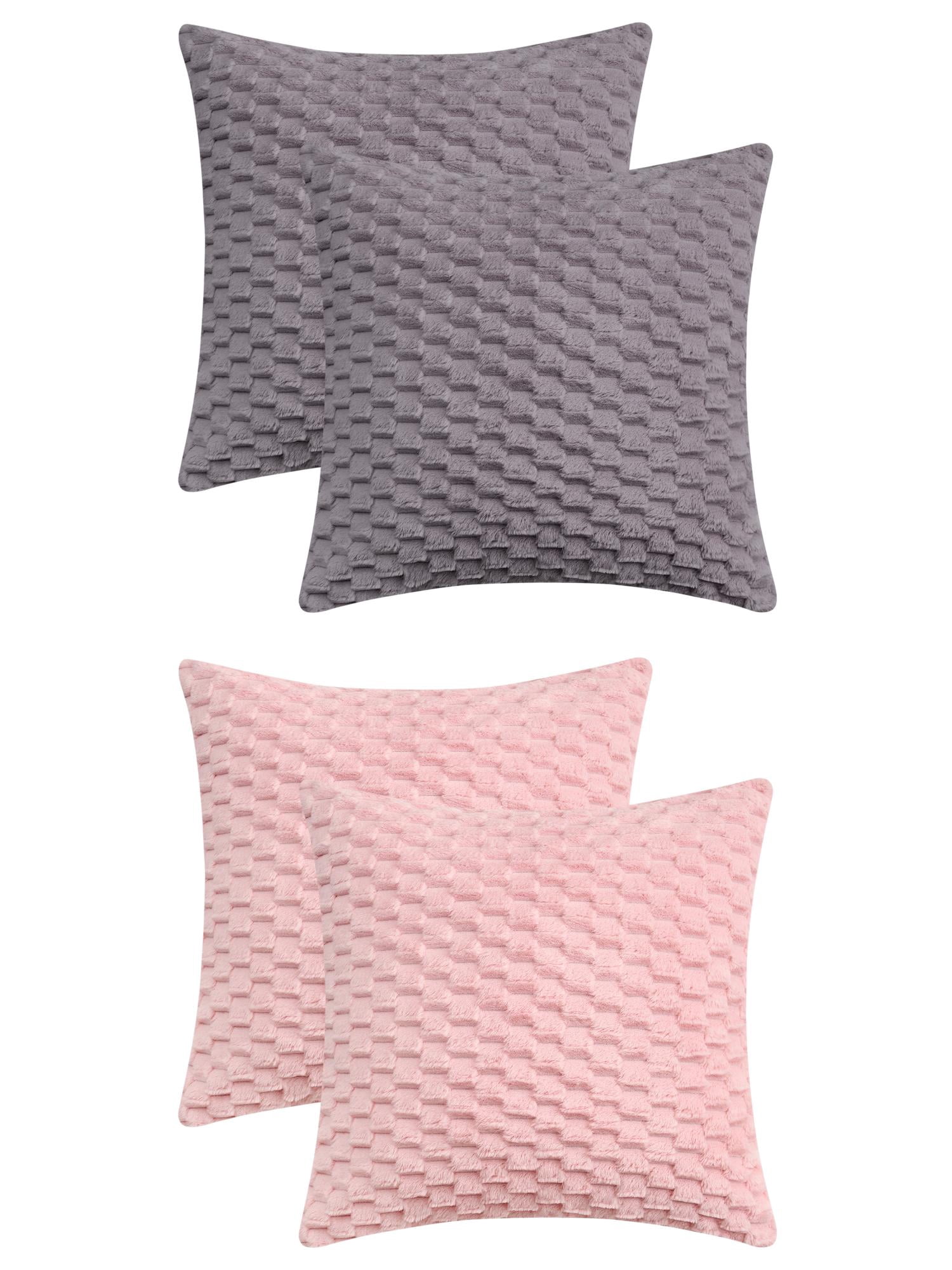 Unique Bargains 4 Pcs Pack of 4 Soft Fuzzy Plush Cushion Cover Grey/Pink 16" x 16"