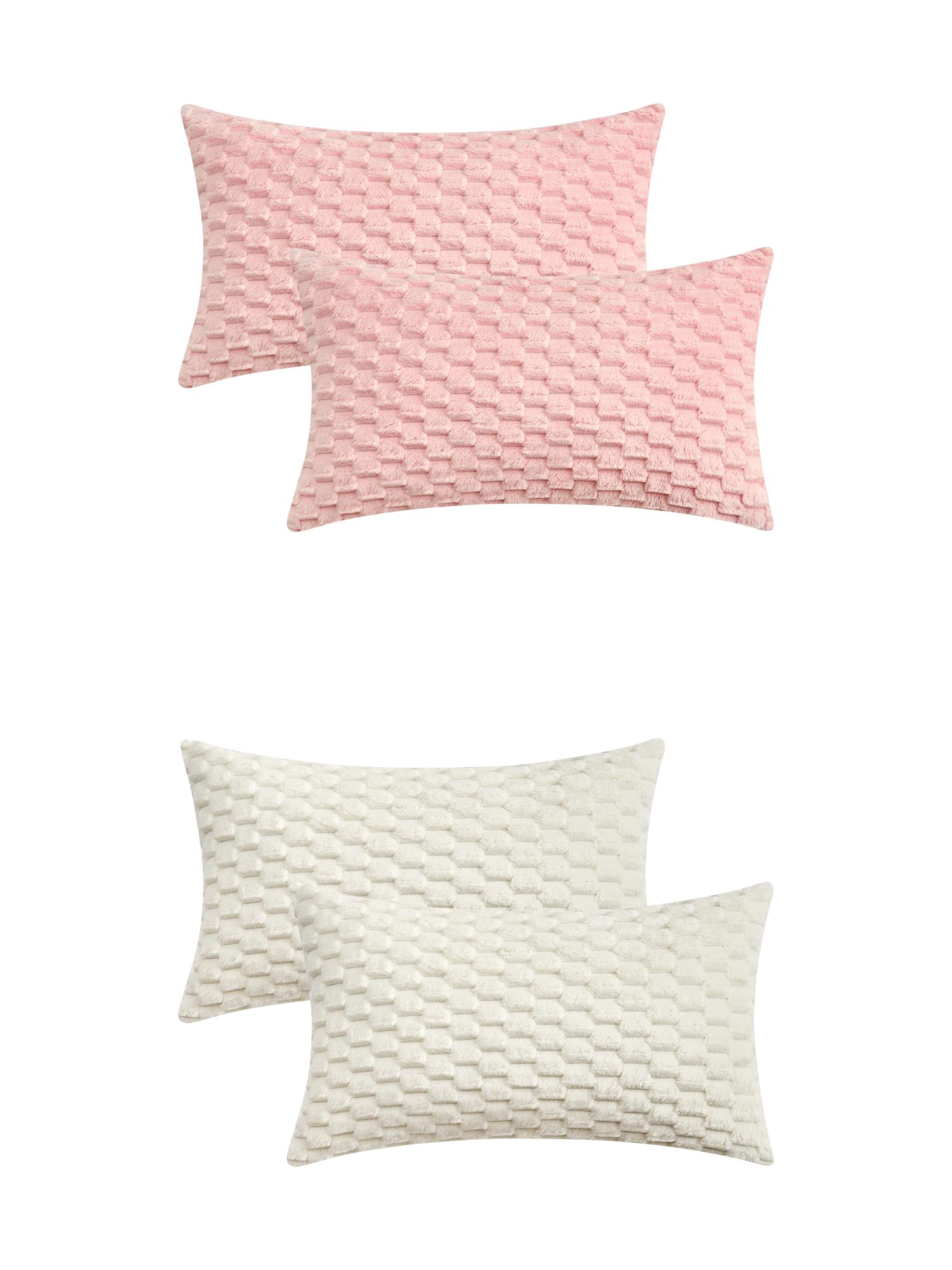 Unique Bargains 4 Pcs Pack of 4 Soft Fuzzy Plush Cushion Cover Pink/White 12" x 20"