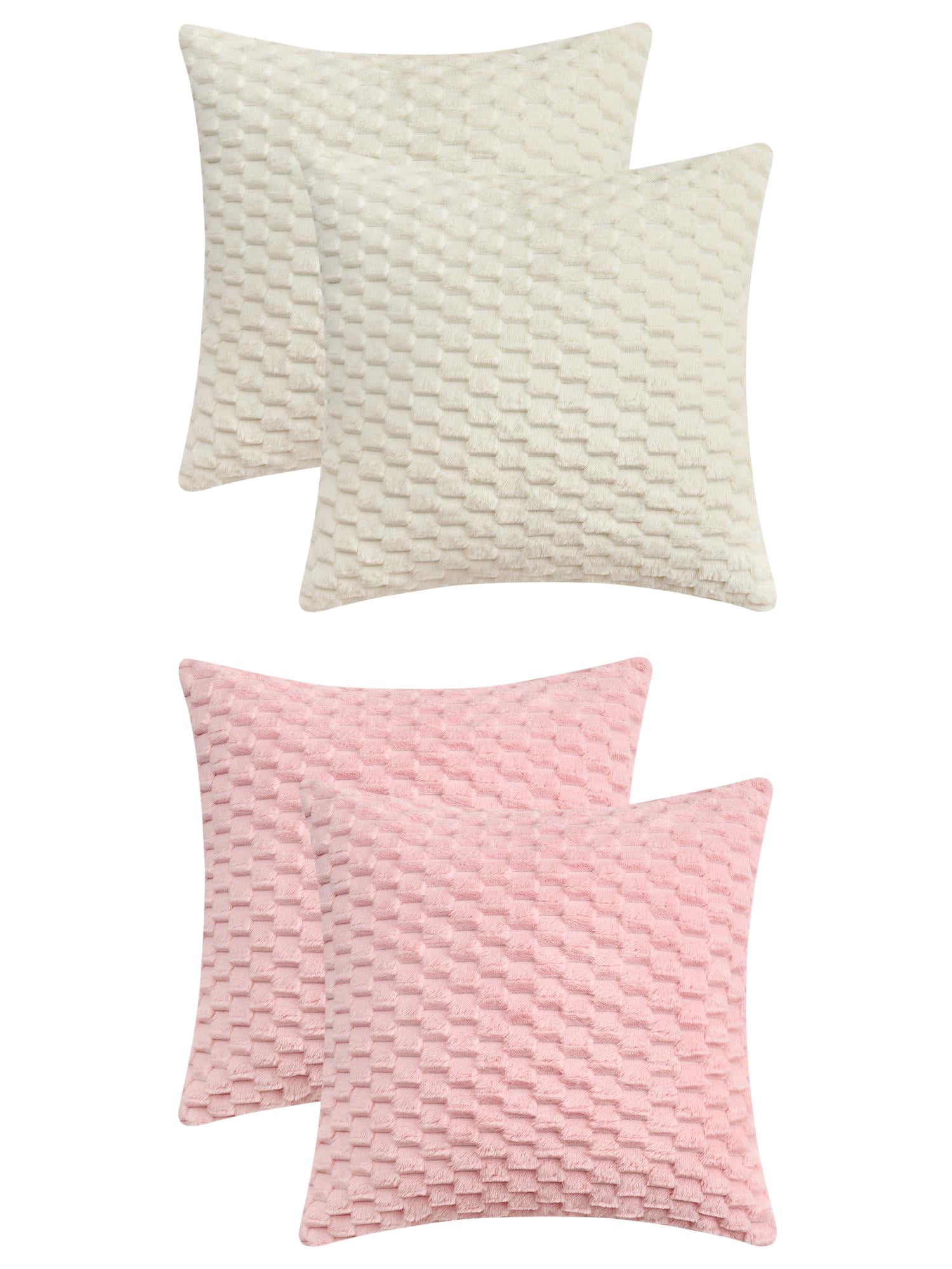 Unique Bargains 4 Pcs Pack of 4 Soft Fuzzy Plush Cushion Cover Pink/White 20" x 20"