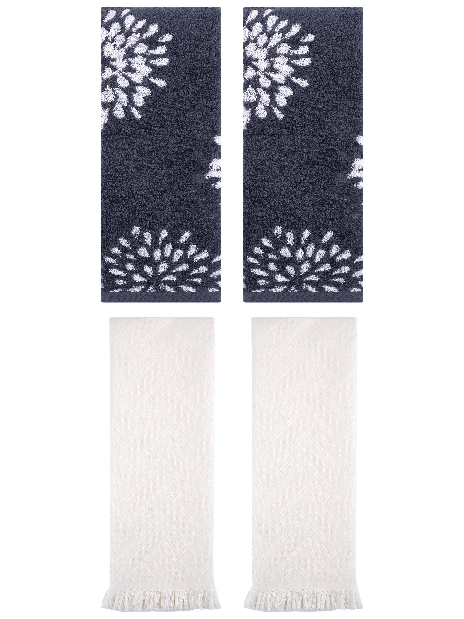 Unique Bargains 4 Pcs Pure Cotton Hand Towel, Kitchen Blue/White 14" x 30"/13" x 29"