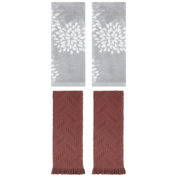 Unique Bargains 4 Pcs Pure Cotton Hand Towel, Kitchen Grey/Brown 14" x 30"/13" x 29"