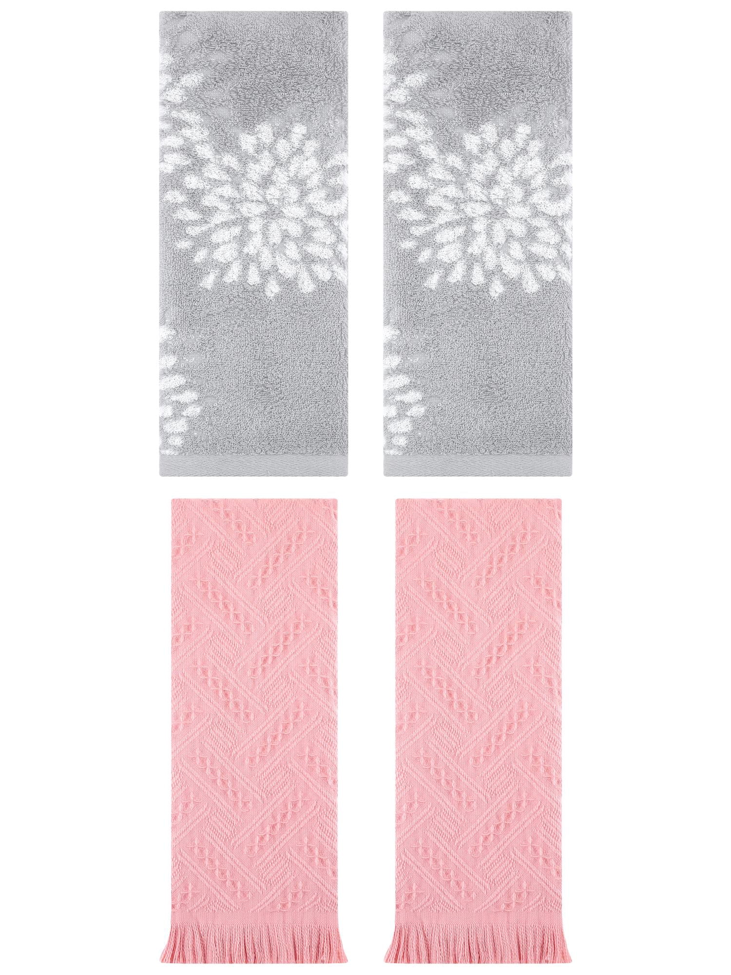 Unique Bargains 4 Pcs Pure Cotton Hand Towel, Kitchen Grey/Pink 14" x 30"/13" x 29"