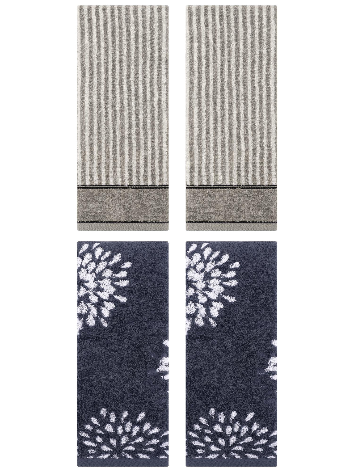 Unique Bargains 4 Pcs Pure Cotton Hand Towels, Kitchen Blue/Grey 14" x 30"/13" x 29"