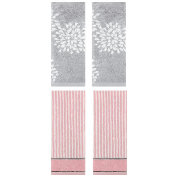 Unique Bargains 4 Pcs Pure Cotton Hand Towels, Kitchen Grey/Pink 14" x 30"/13" x 29"