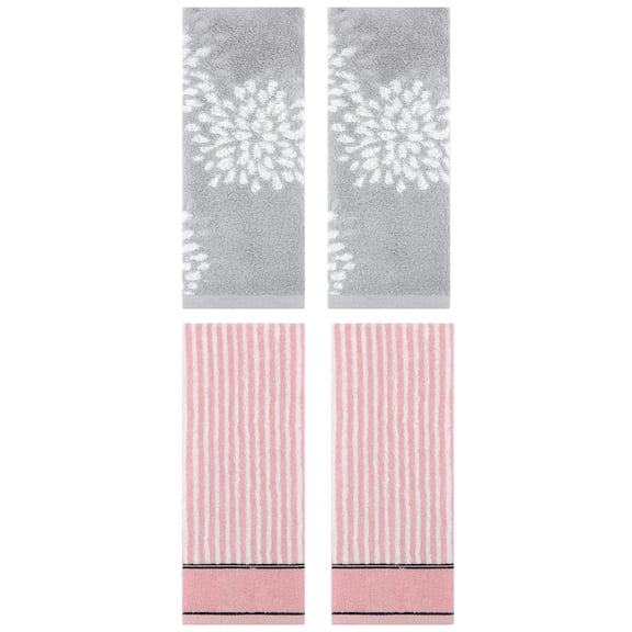 Unique Bargains 4 Pcs Pure Cotton Hand Towels, Kitchen Grey/Pink 14" x 30"/13" x 29"
