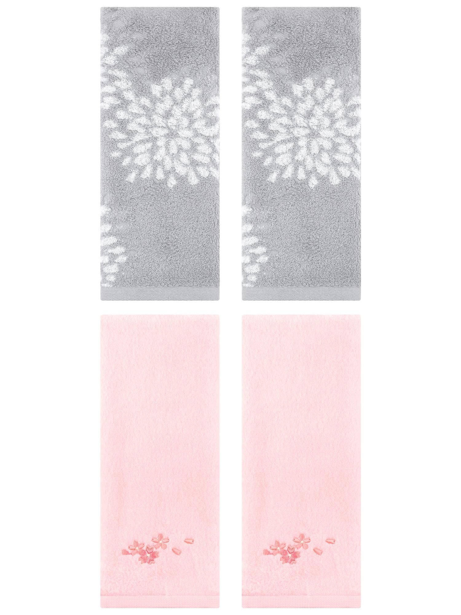 Unique Bargains 4 Pcs Pure Cotton Soft Bathroom Hand Towels Grey/Pink 14" x 30"/13" x 29"