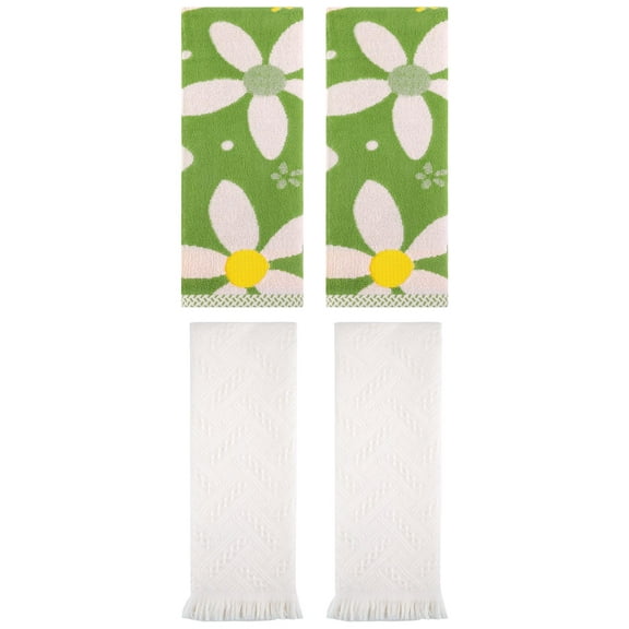 Unique Bargains 4 Pcs Pure Cotton Soft Hand Towel Set 13 x 29 Inch Green/White