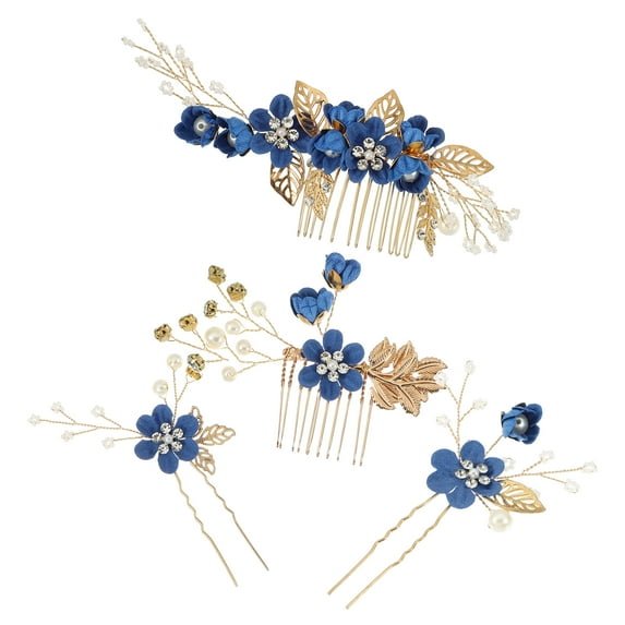 Unique Bargains 4 Pcs Rhinestone Hair Comb Hair Piece for Bride Wedding Flower Side Comb Headpiece Deep Blue