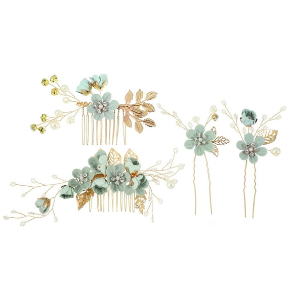 Unique Bargains 4 Pcs Rhinestone Hair Comb Hair Piece for Bride Wedding Flower Side Comb Headpiece Green