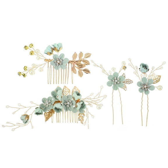 Unique Bargains 4 Pcs Rhinestone Hair Comb Hair Piece for Bride Wedding Flower Side Comb Headpiece Green