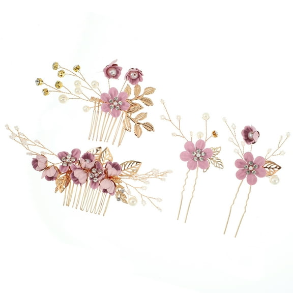 Unique Bargains 4 Pcs Rhinestone Hair Comb Hair Piece for Bride Wedding Flower Side Comb Headpiece Purple