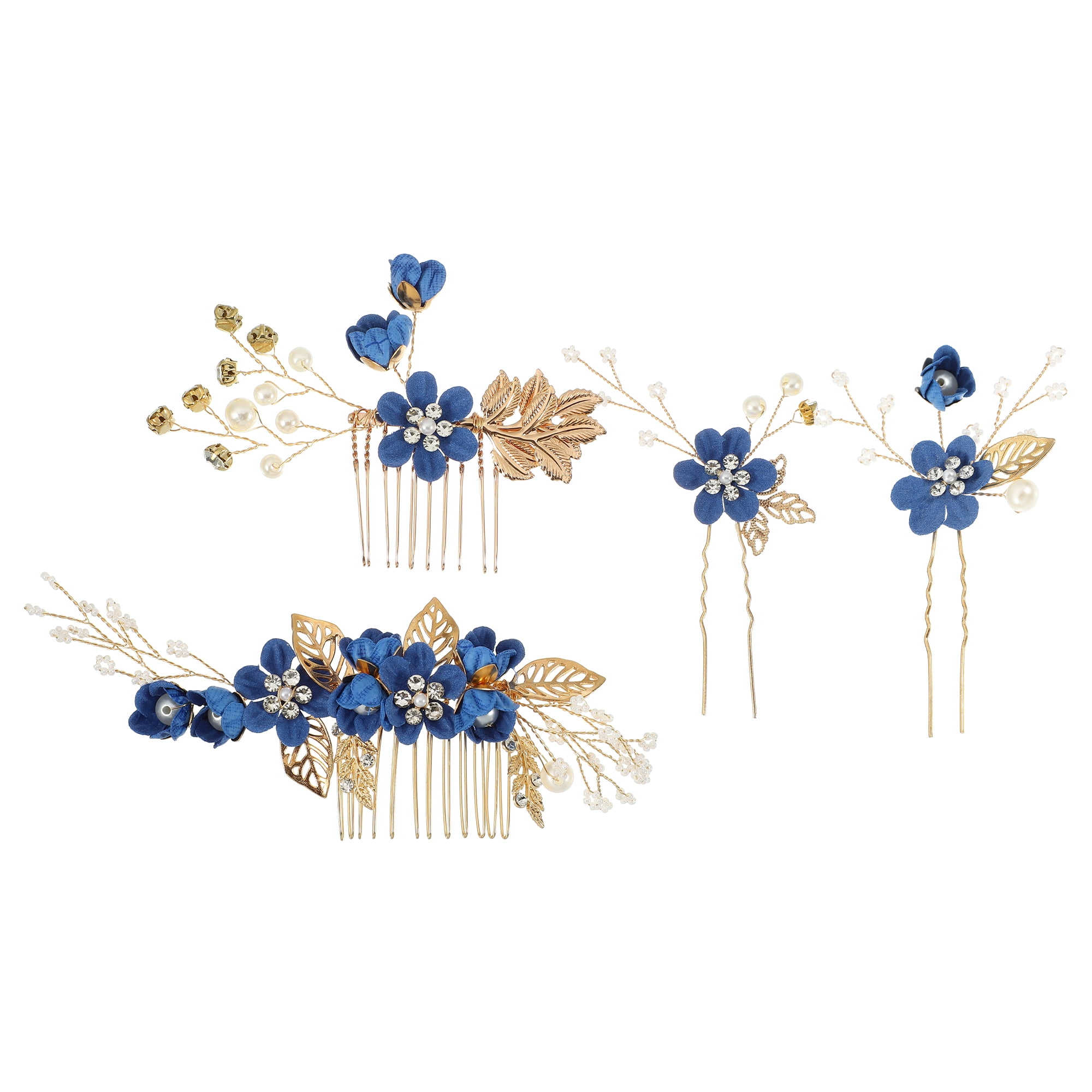 Unique Bargains 4 Pcs Rhinestone Hair Comb for Bride Flower Side Comb Headpiece Deep Blue