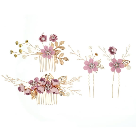 Unique Bargains 4 Pcs Rhinestone Hair Comb for Bride Flower Side Comb Headpiece Purple