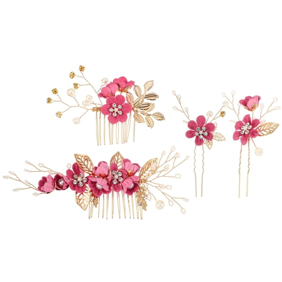 Unique Bargains 4 Pcs Rhinestone Hair Comb for Bride Flower Side Comb Headpiece Rose Red