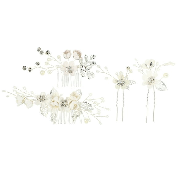 Unique Bargains 4 Pcs Rhinestone Hair Comb Hair Piece for Bride Wedding Flower Side Comb Headpiece White