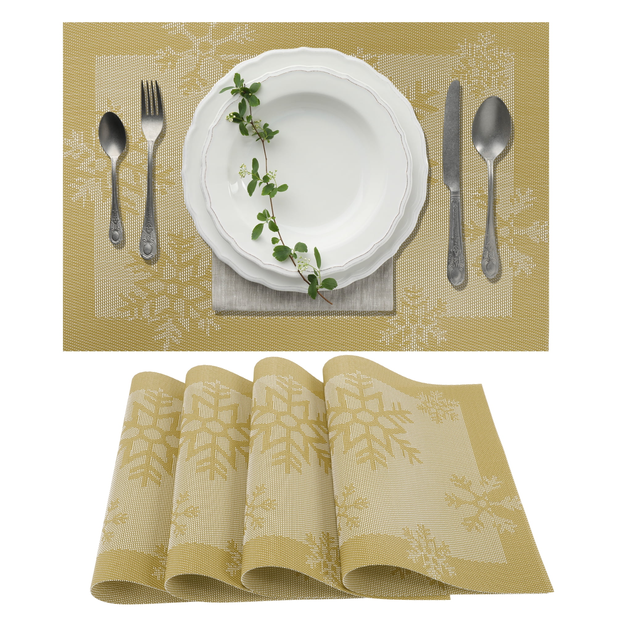 Unique Bargains 4 Pcs Snow Pattern Polyester Heat Resistant Washable Placemats Gold