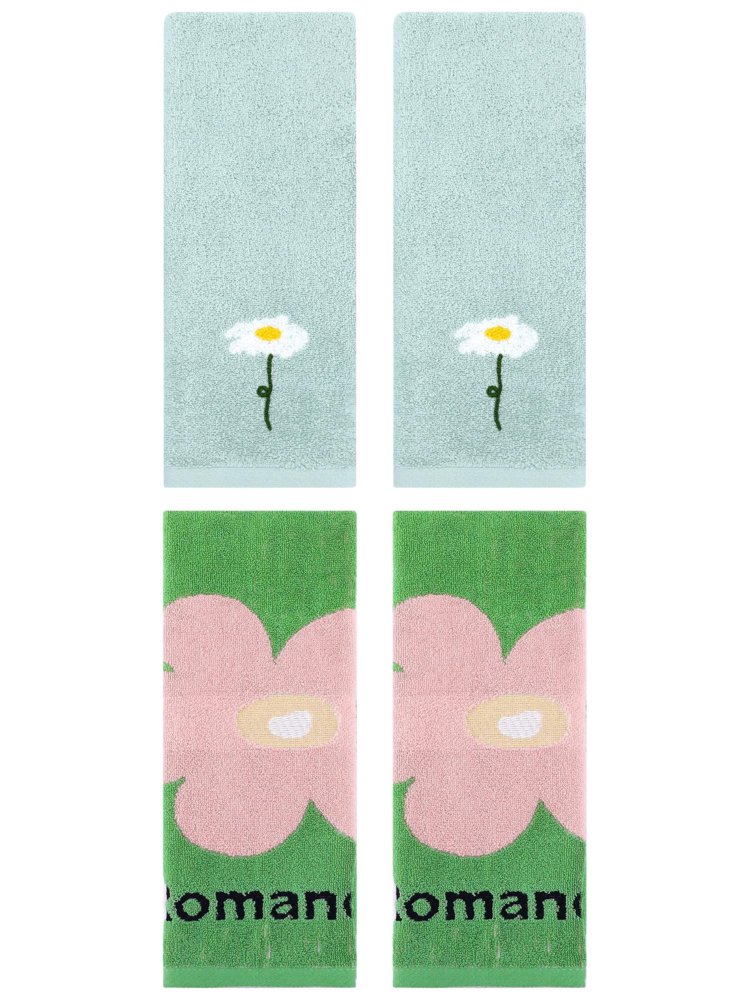 Unique Bargains 4 Pcs Soft Absorbent Floral Pattern Cotton Hand Towel Blue/Green