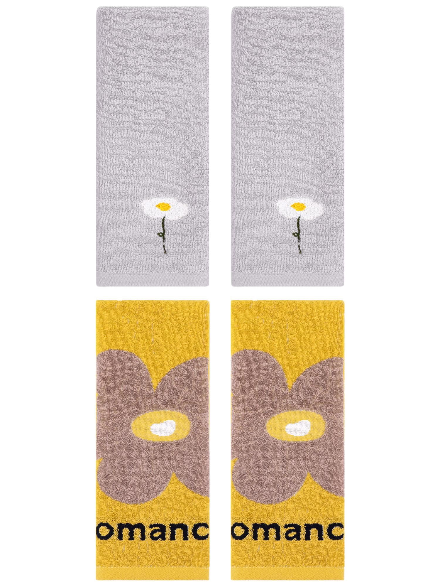 Unique Bargains 4 Pcs Soft Absorbent Floral Pattern Cotton Hand Towel Grey/Yellow