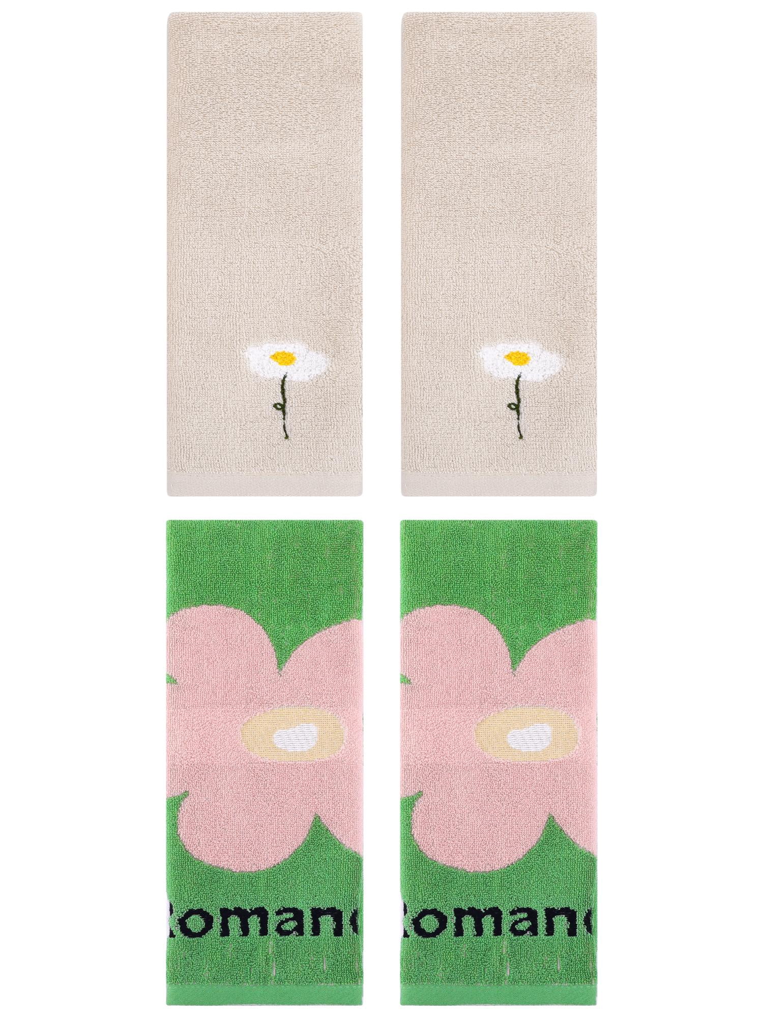Unique Bargains 4 Pcs Soft Absorbent Floral Pattern Cotton Hand Towel Light Brown/Green
