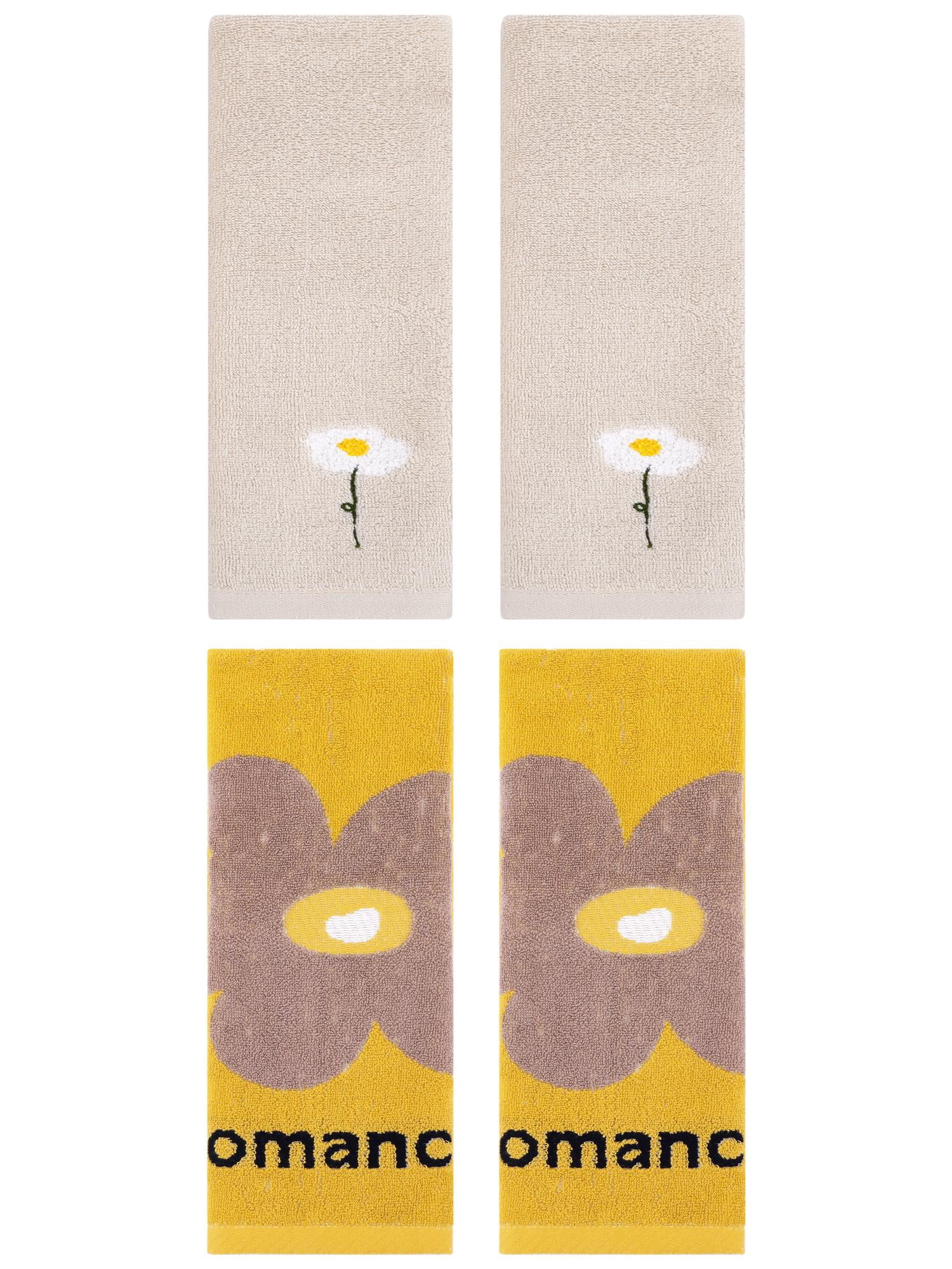 Unique Bargains 4 Pcs Soft Absorbent Floral Pattern Cotton Hand Towel Light Brown/Yellow