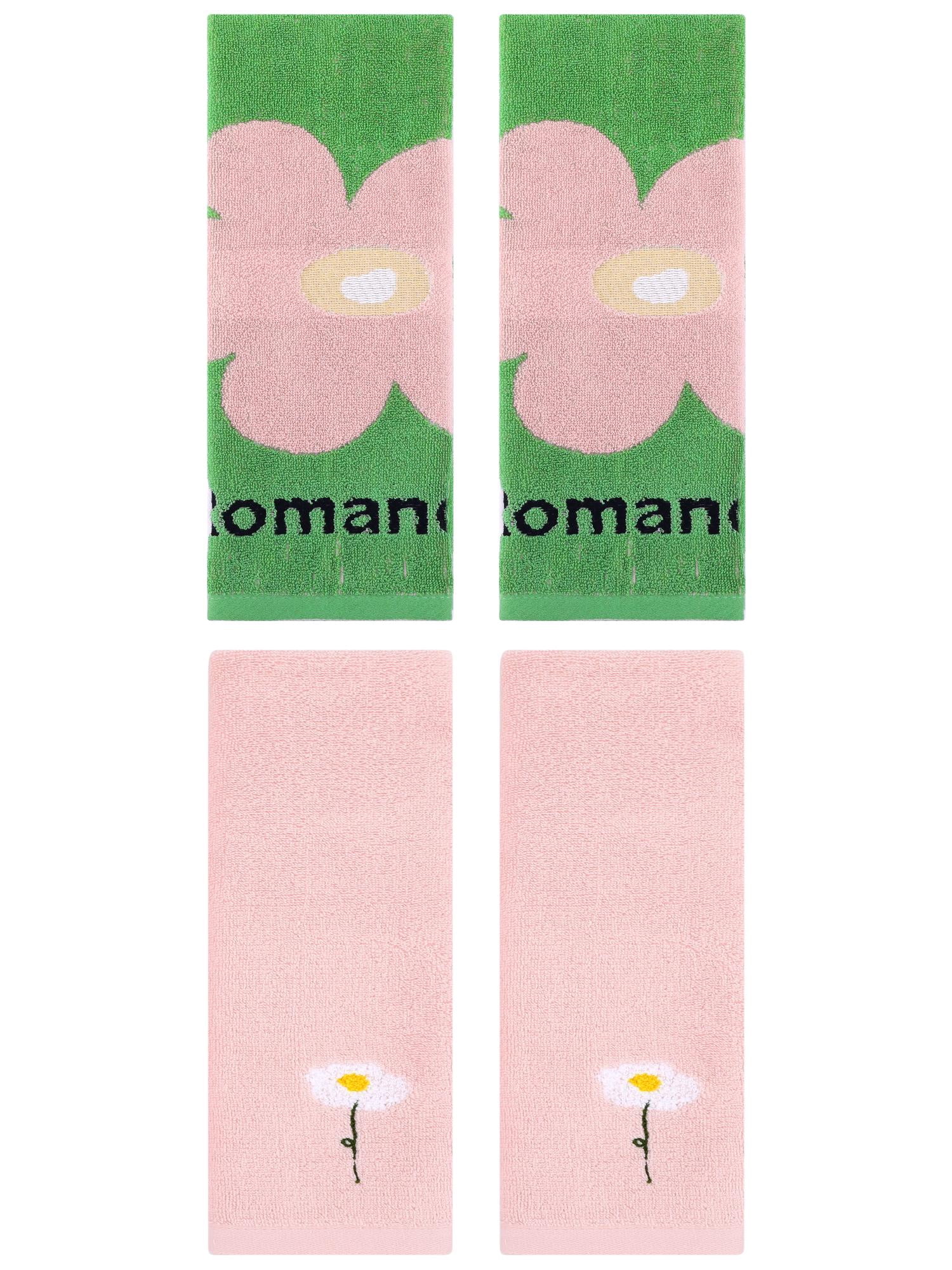 Unique Bargains 4 Pcs Soft Absorbent Floral Pattern Cotton Hand Towel Pink/Green