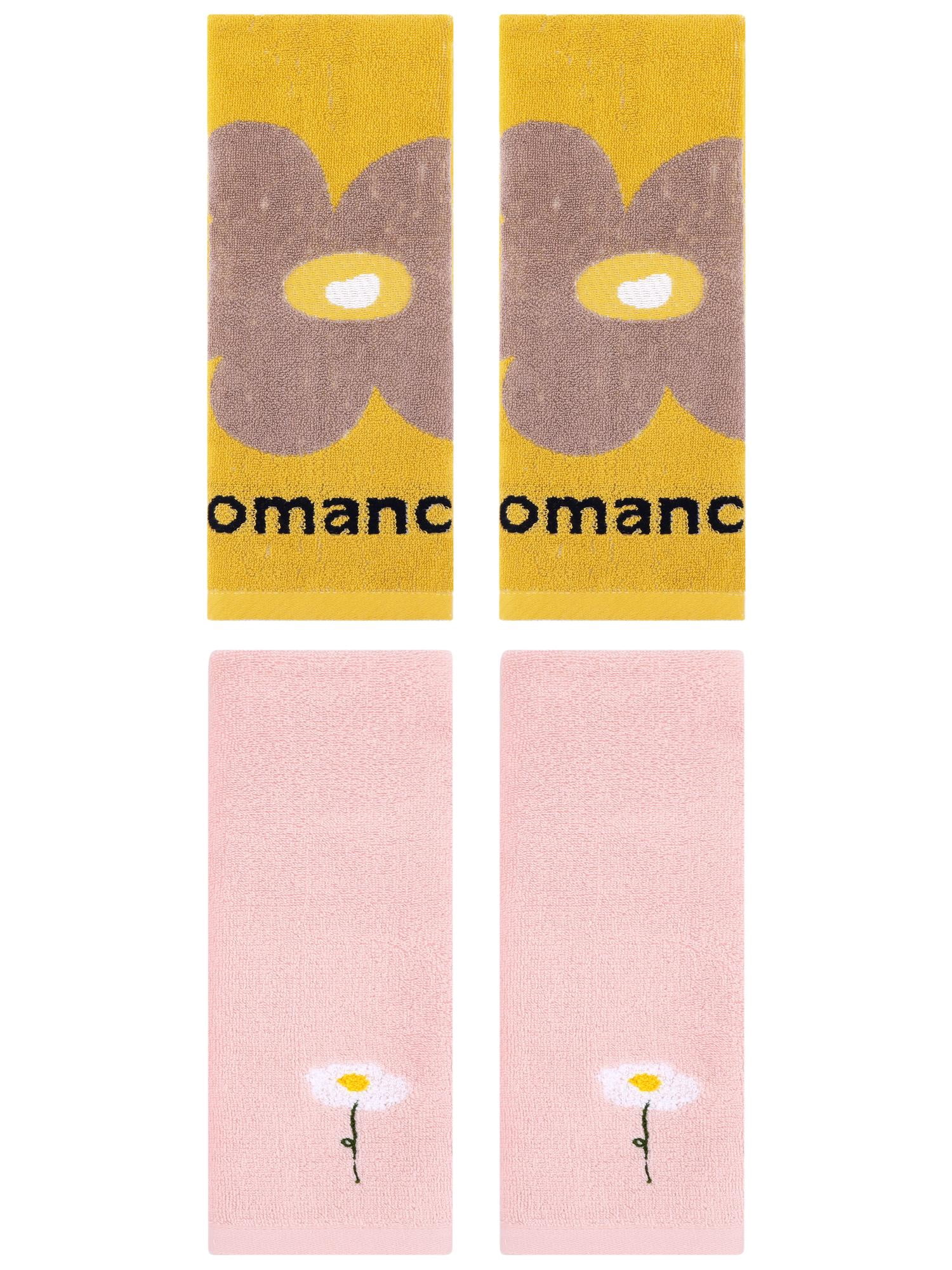 Unique Bargains 4 Pcs Soft Absorbent Floral Pattern Cotton Hand Towel Pink/Yellow