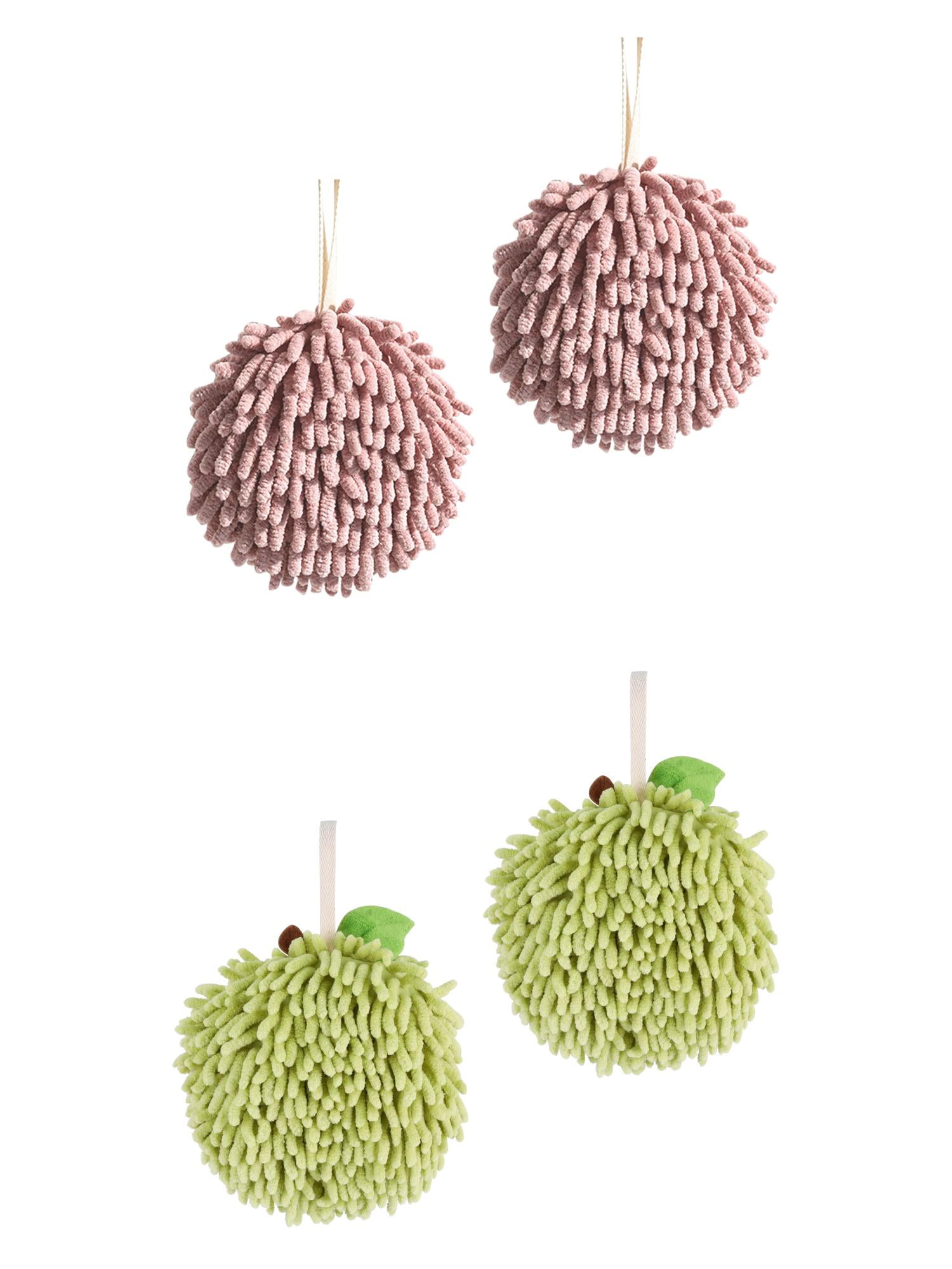 Unique Bargains 4 Pcs Soft Chenille Ball Hand Towels Green/Dark Pink 6" x 6"