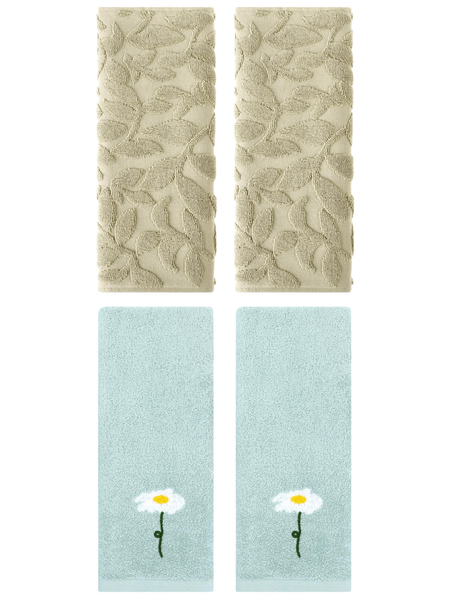 Unique Bargains 4 Pcs Soft Cotton Hand Towels Blue/Khaki 13" x 30"/14" x 30"