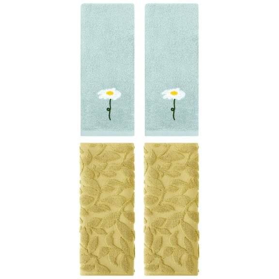 Unique Bargains 4 Pcs Soft Cotton Hand Towels Blue/Yellow 13" x 30"/14" x 30"