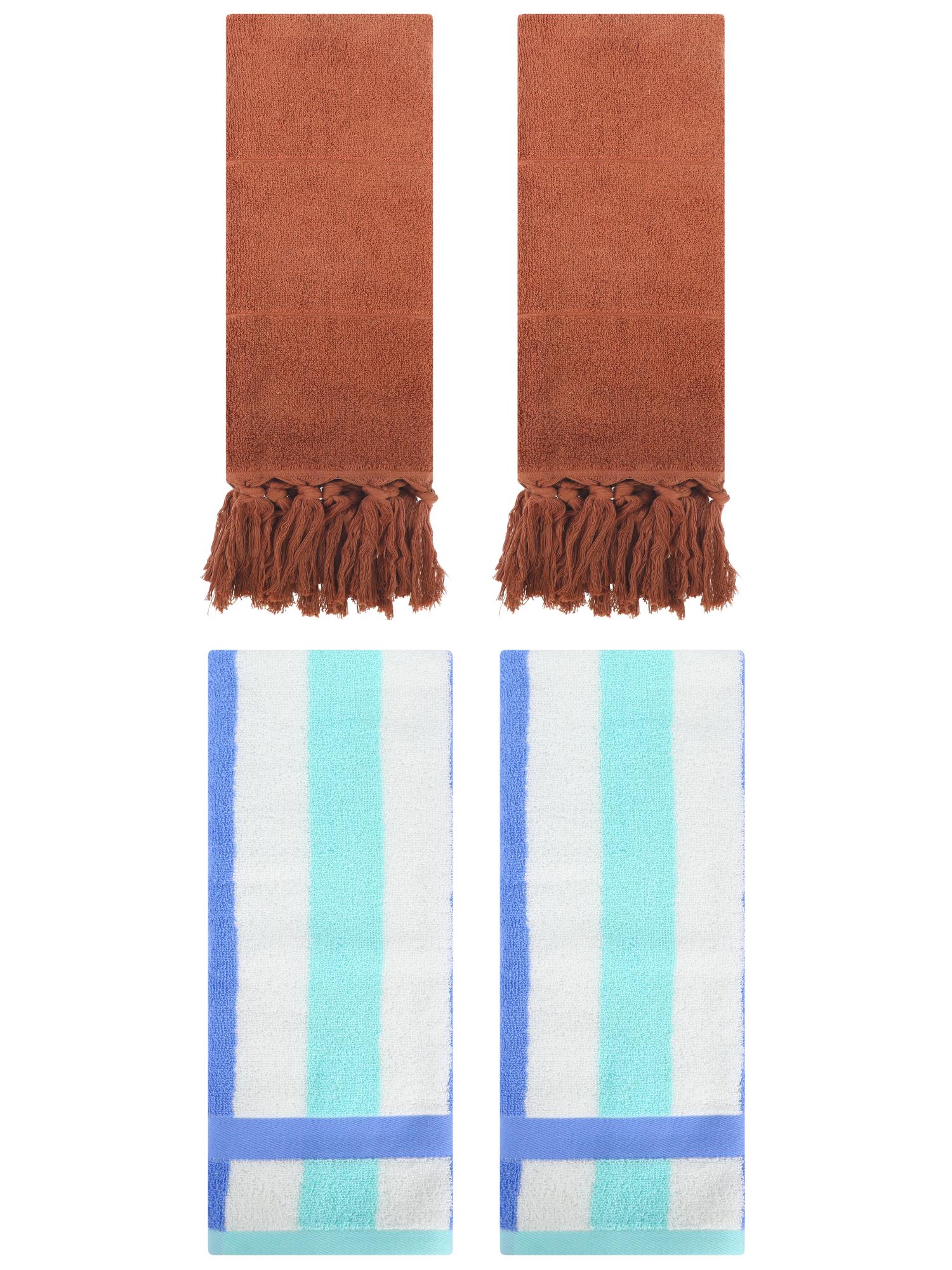 Unique Bargains 4 Pcs Soft Cotton Hand Towels Brown/Blue Green 14" x 30"/13" x 29"