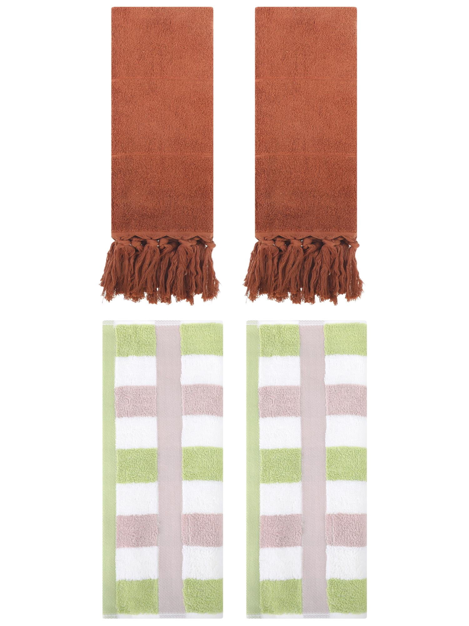 Unique Bargains 4 Pcs Soft Cotton Hand Towels Brown/Green 14" x 30"/13" x 29"