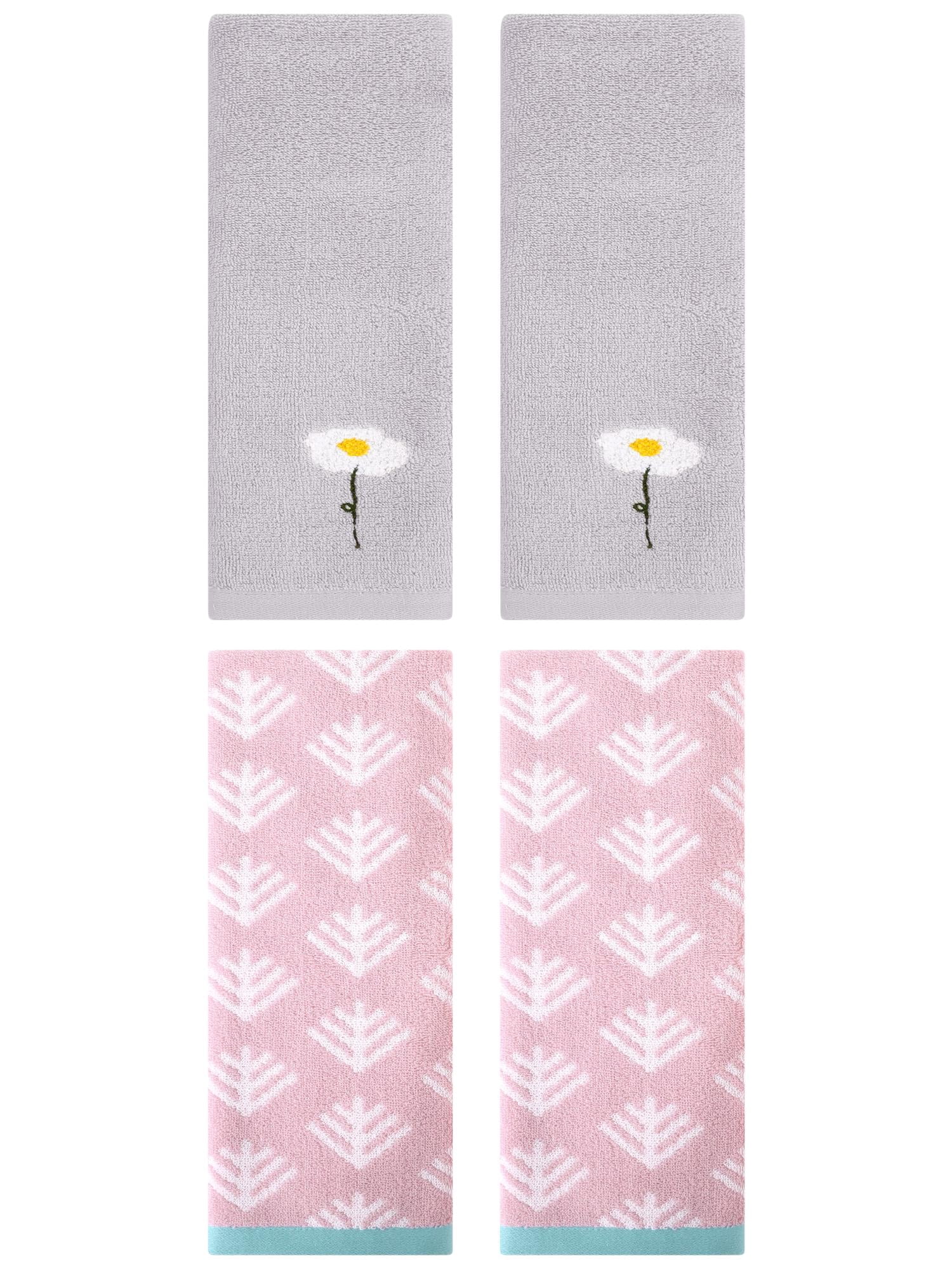 Unique Bargains 4 Pcs Soft Cotton Hand Towels Grey/Pink 13" x 30"/14" x 30"