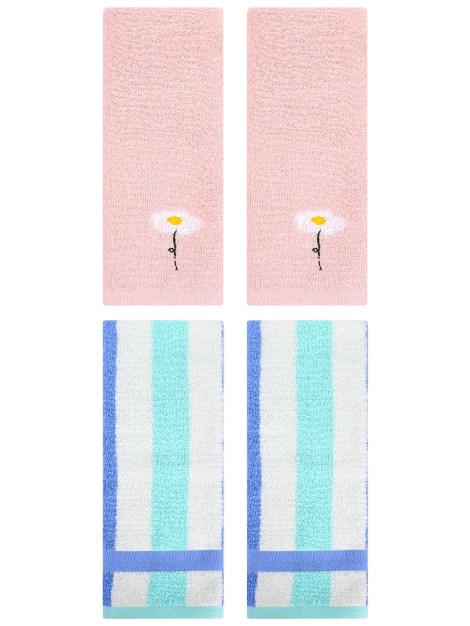Unique Bargains 4 Pcs Soft Cotton Hand Towels Pink/Blue Green 13" x 30"/13" x 29"
