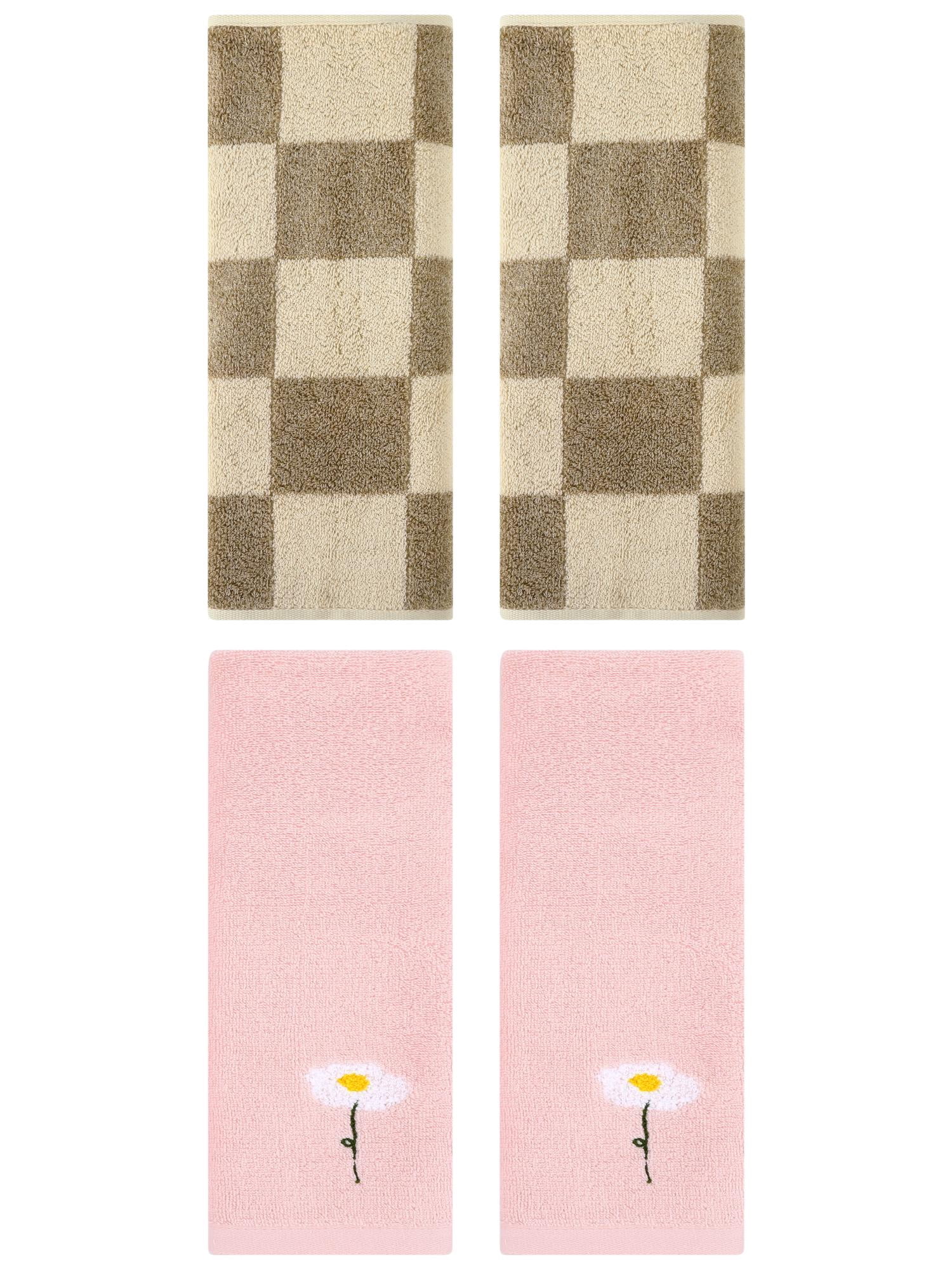 Unique Bargains 4 Pcs Soft Cotton Hand Towels Pink/Brown 13" x 30"/14" x 28"