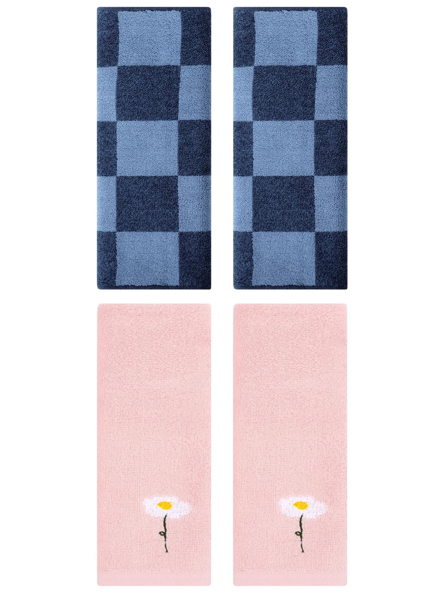 Unique Bargains 4 Pcs Soft Cotton Hand Towels Pink/Dark Blue 13" x 30"/14" x 28"