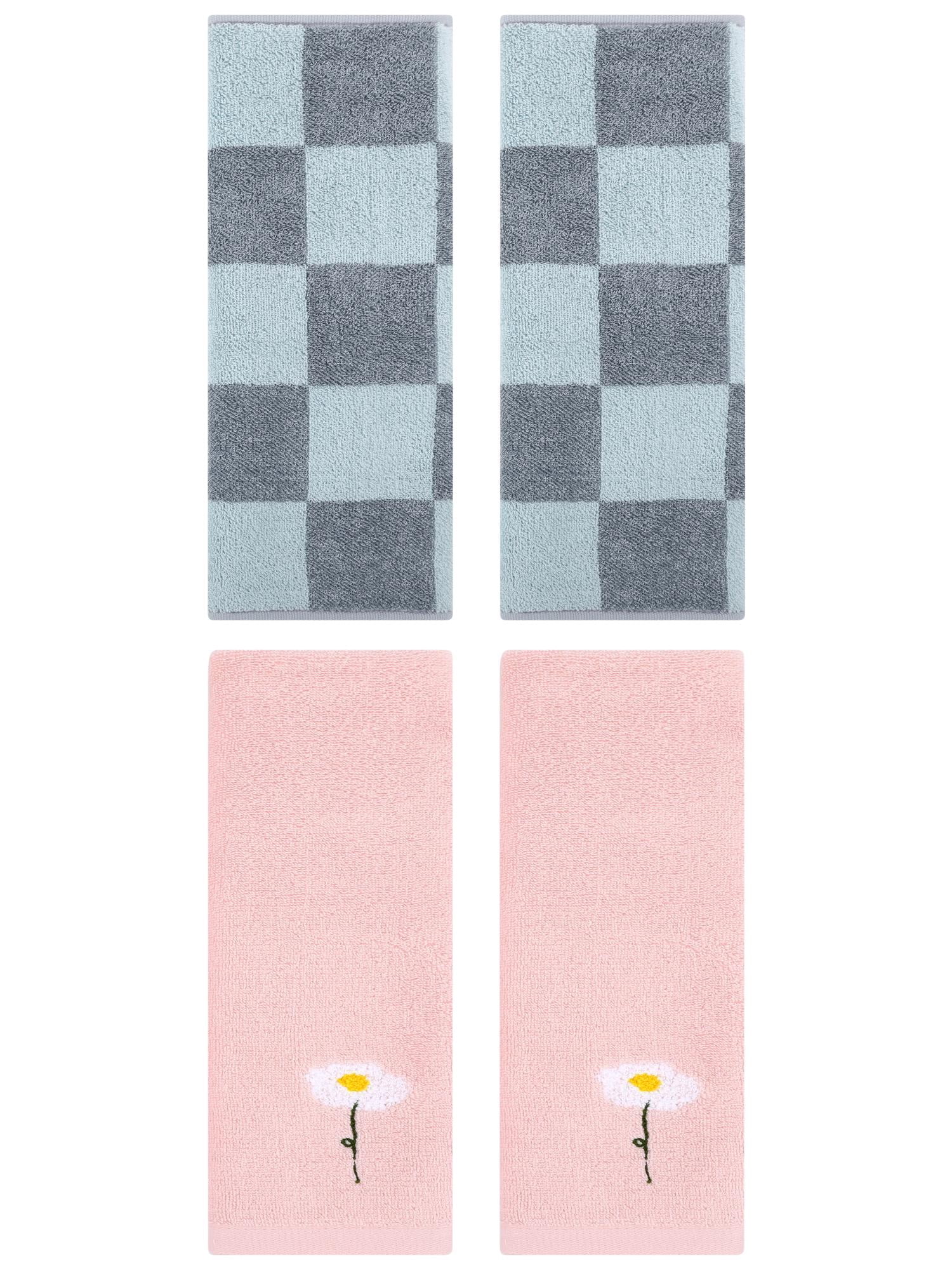 Unique Bargains 4 Pcs Soft Cotton Hand Towels Pink/Grey 13" x 30"/14" x 28"