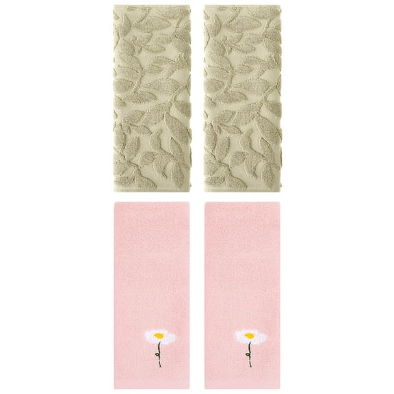 Unique Bargains 4 Pcs Soft Cotton Hand Towels Pink/Khaki 13" x 30"/14" x 30"