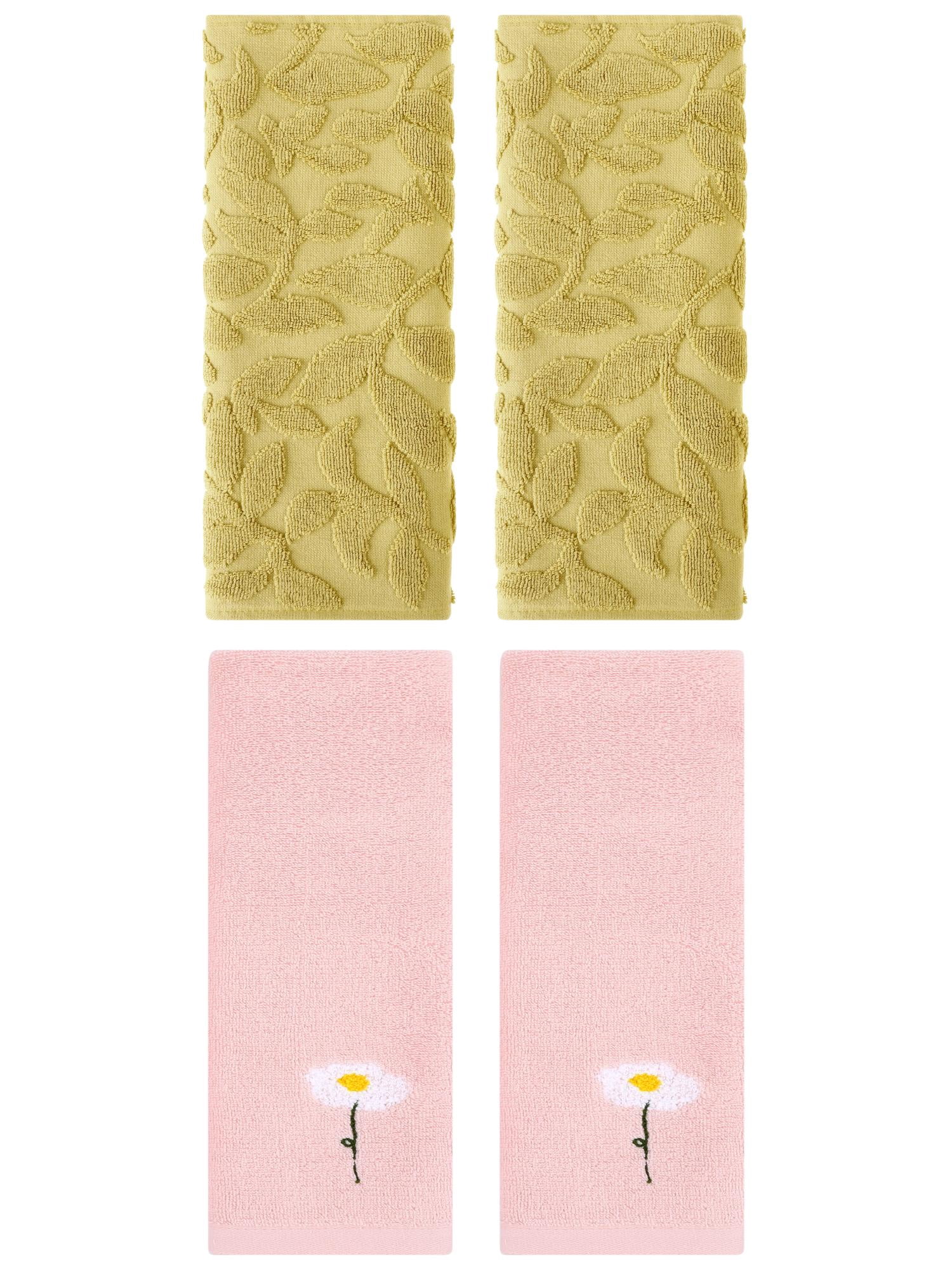 Unique Bargains 4 Pcs Soft Cotton Hand Towels Pink/Yellow 13" x 30"/14" x 30"